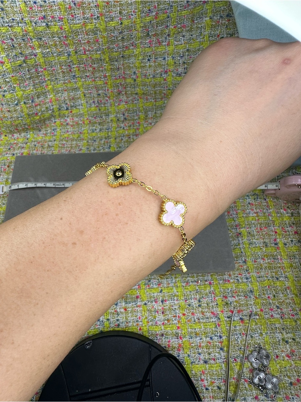 Van Cleef & Arpels Gold Bracelet with Pink Alhambra Motifs